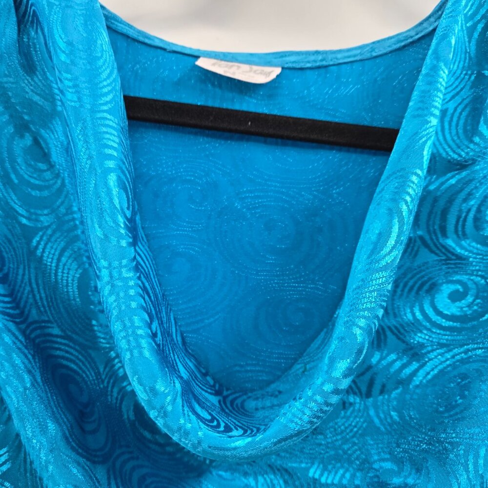 Vintage 80s 90s TanJay Electric Blue Embossed Swirls Sleeveless Cowl Top - Picture 6 of 7